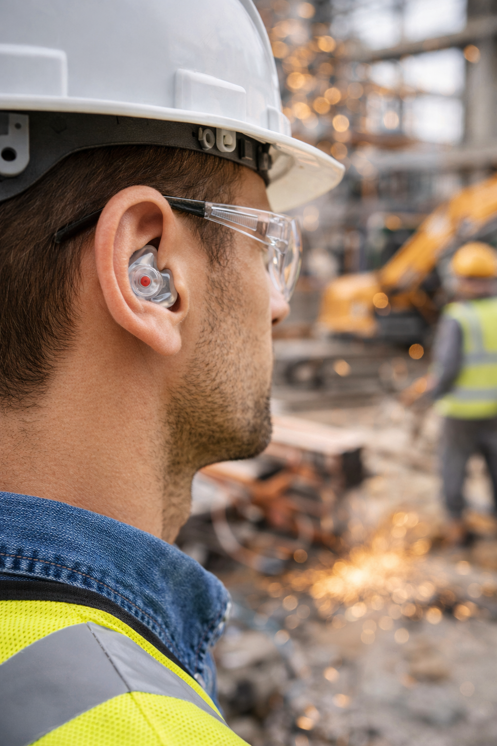 Workers using hearing protection in a noisy workplace